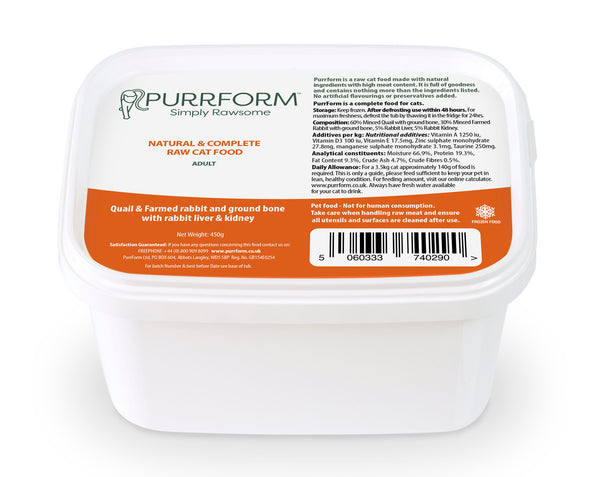 Purrform Raw Adult Quail & Farmed Rabbit & Ground Bone with Rabbit Liv ...